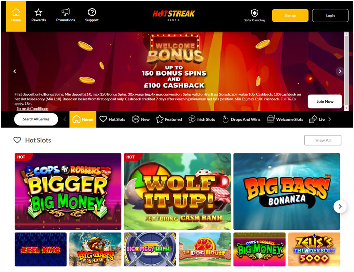 Hot Streak Casino homepage screenshot