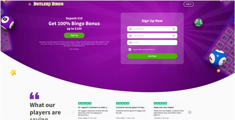 Butlers Bingo homepage screenshot