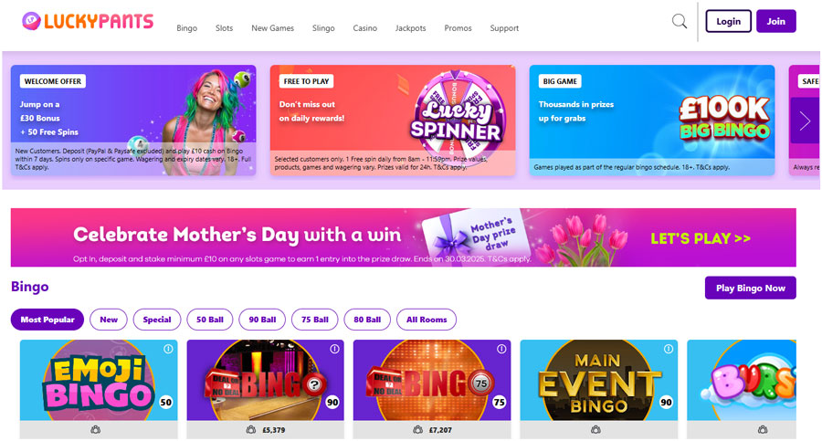 Lucky Pants Bingo UK homepage screenshot