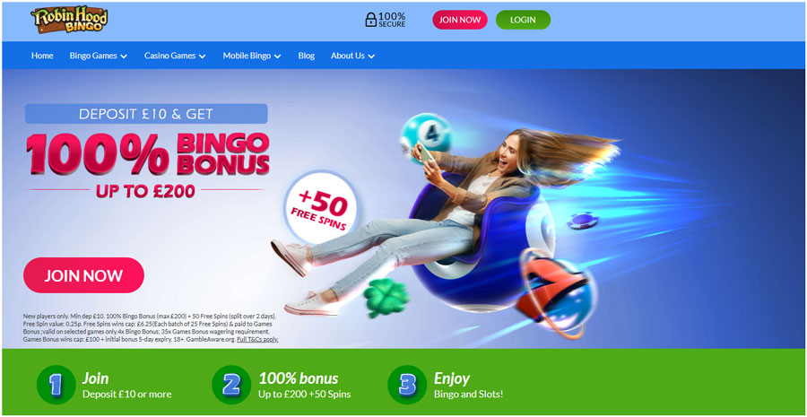 Robin Hood Bingo homepage screenshot from official website.